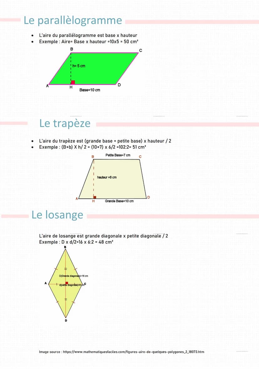 Le carré
L'aire du carré est CxC
Exemple: CxC = 8x8 = 64 cm²
●
Math
L=5cm
Le triangle
Les aires
C=8 cm
Le rectangle
L'aire du rectangle est 