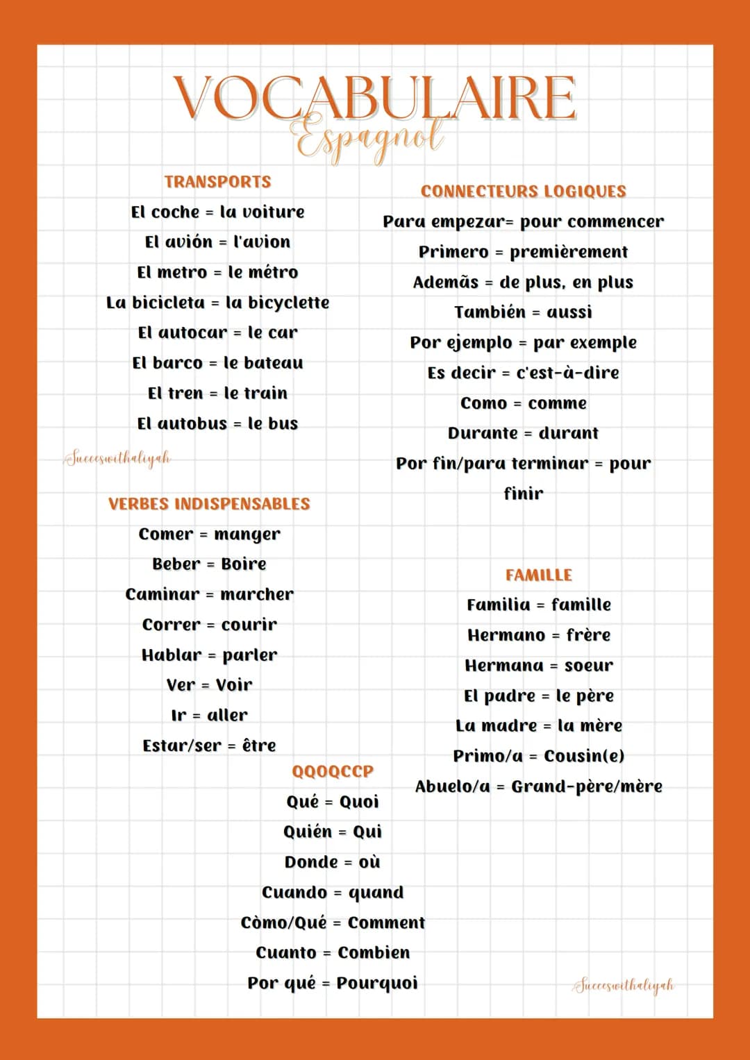 VOCABULAIRE
Espagnol
TRANSPORTS
El coche = la voiture
El avión = l'avion
El metro le métro
=
La bicicleta = la bicyclette
El autocar = le ca