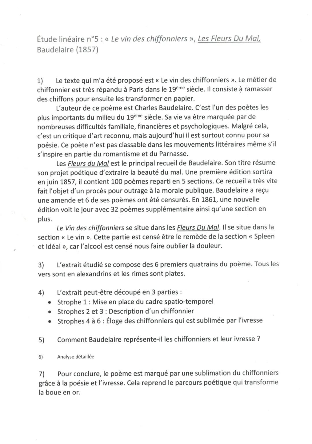 Le vin des chiffonniers Texte PDF et Analyse Linéaire | Exercices Corrigés de Baudelaire