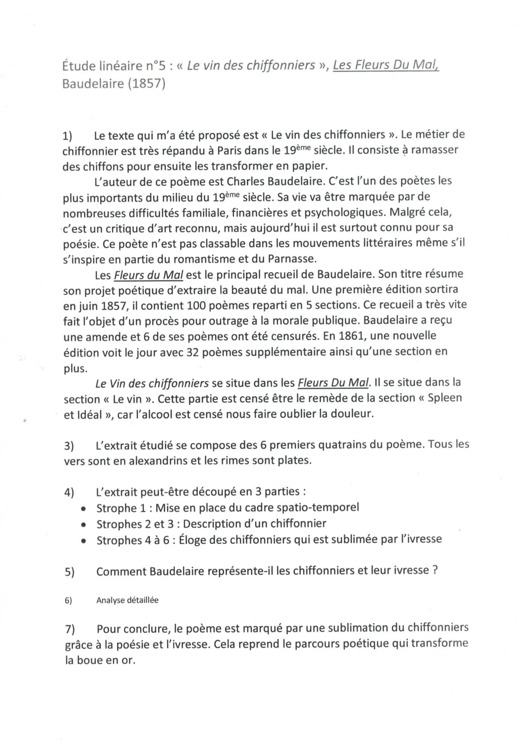Étude linéaire n°5 : « Le vin des chiffonniers », Les Fleurs Du Mal,
Baudelaire (1857)
1) Le texte qui m'a été proposé est « Le vin des chif