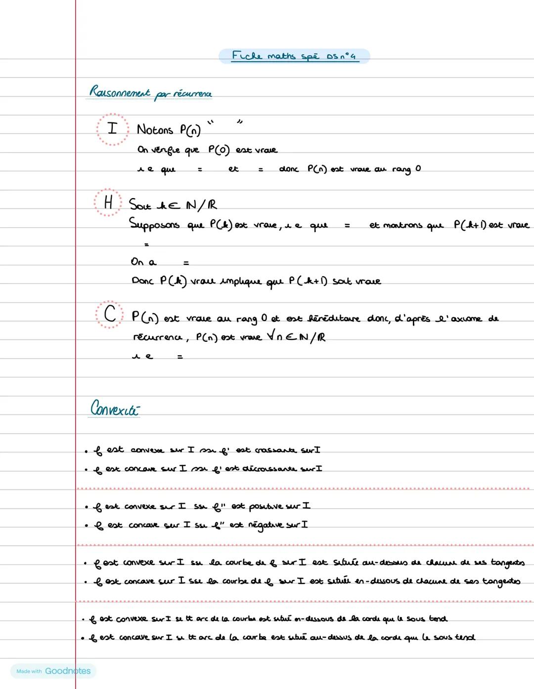 Made with Goodnotes •
.
.
Raisonnement
I
Made with Goodnotes
H
par récurrence
Notons P(n)
On verifie que P(0) est vrave
ле дие
Fiche maths s