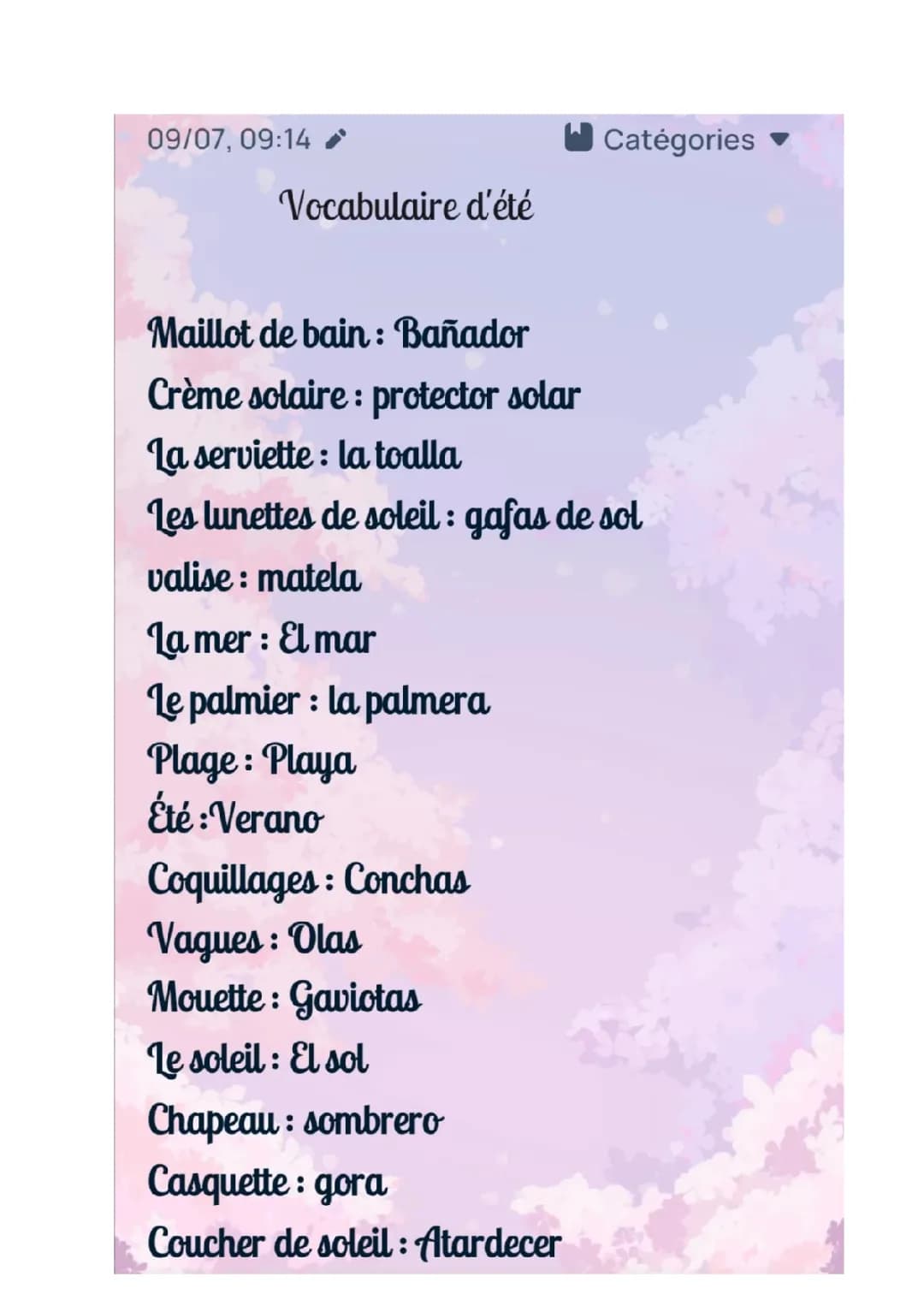 vocabulaire d'été 