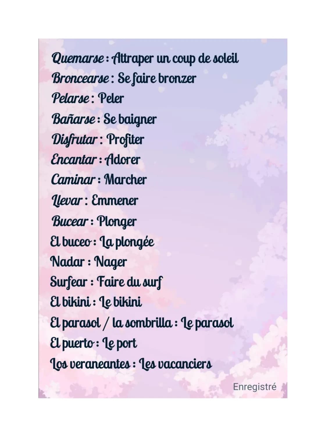 09/07, 09:14
Vocabulaire d'été
Maillot de bain : Bañador
Crème solaire : protector solar
La serviette: la toalla
Les lunettes de soleil : ga
