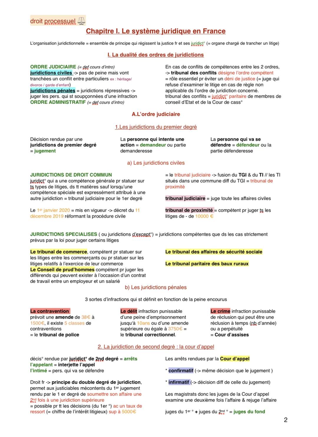 droit processuel A
Chapitre I. Le système juridique en France
L'organisation juridictionnelle = ensemble de principe qui régissent la justic