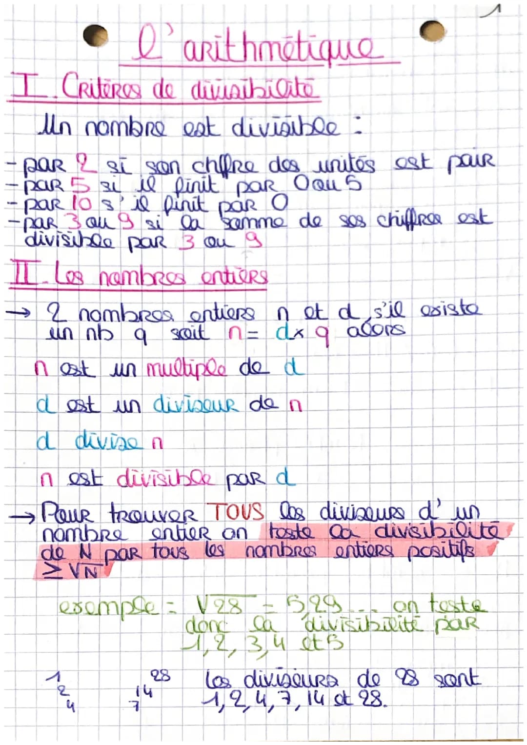 I Critères de divisibilite
l'arithmétique
Un nombre est divisible:
- par 2 si son chiffre des unités est pair
•PaR 5 si il finit par Oou 5
p