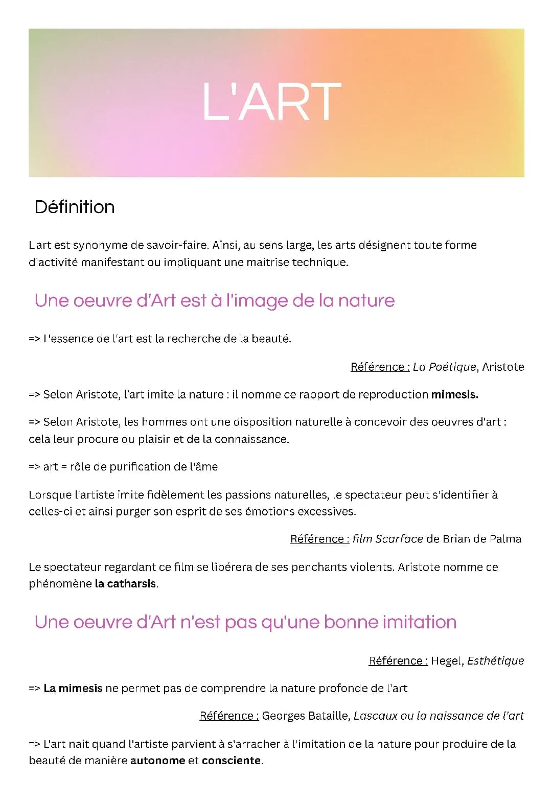 Cours sur l'Art Philosophie Terminale PDF - Fiche de Révision
