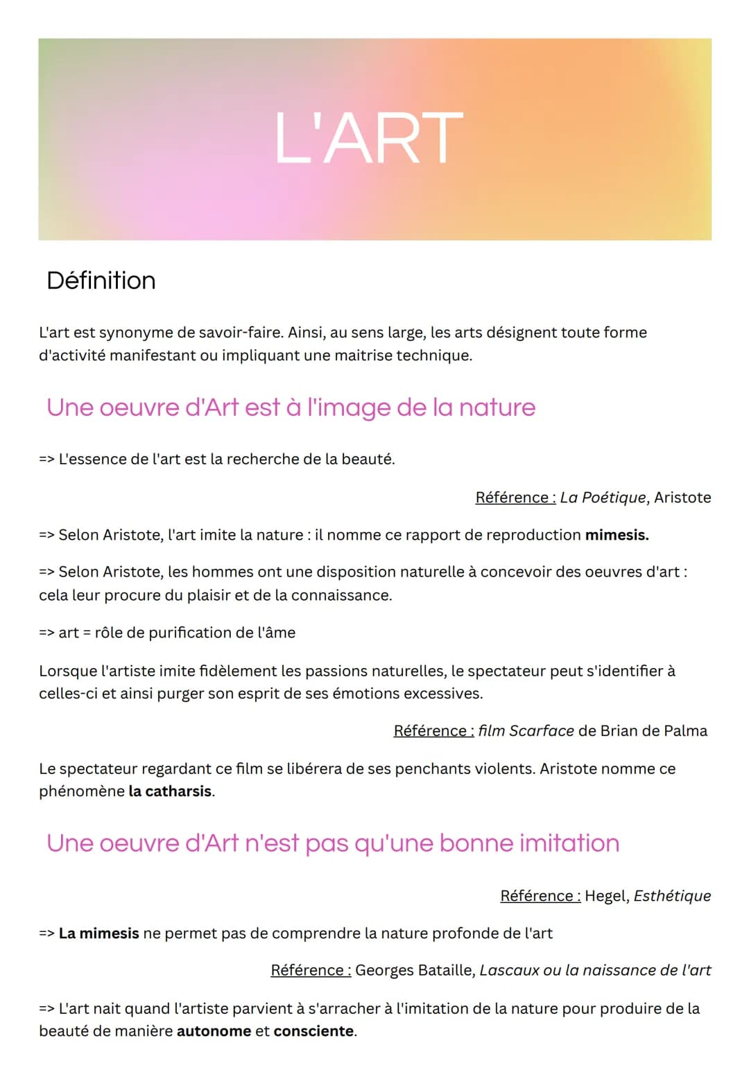 Définition
L'ART
L'art est synonyme de savoir-faire. Ainsi, au sens large, les arts désignent toute forme
d'activité manifestant ou impliqua