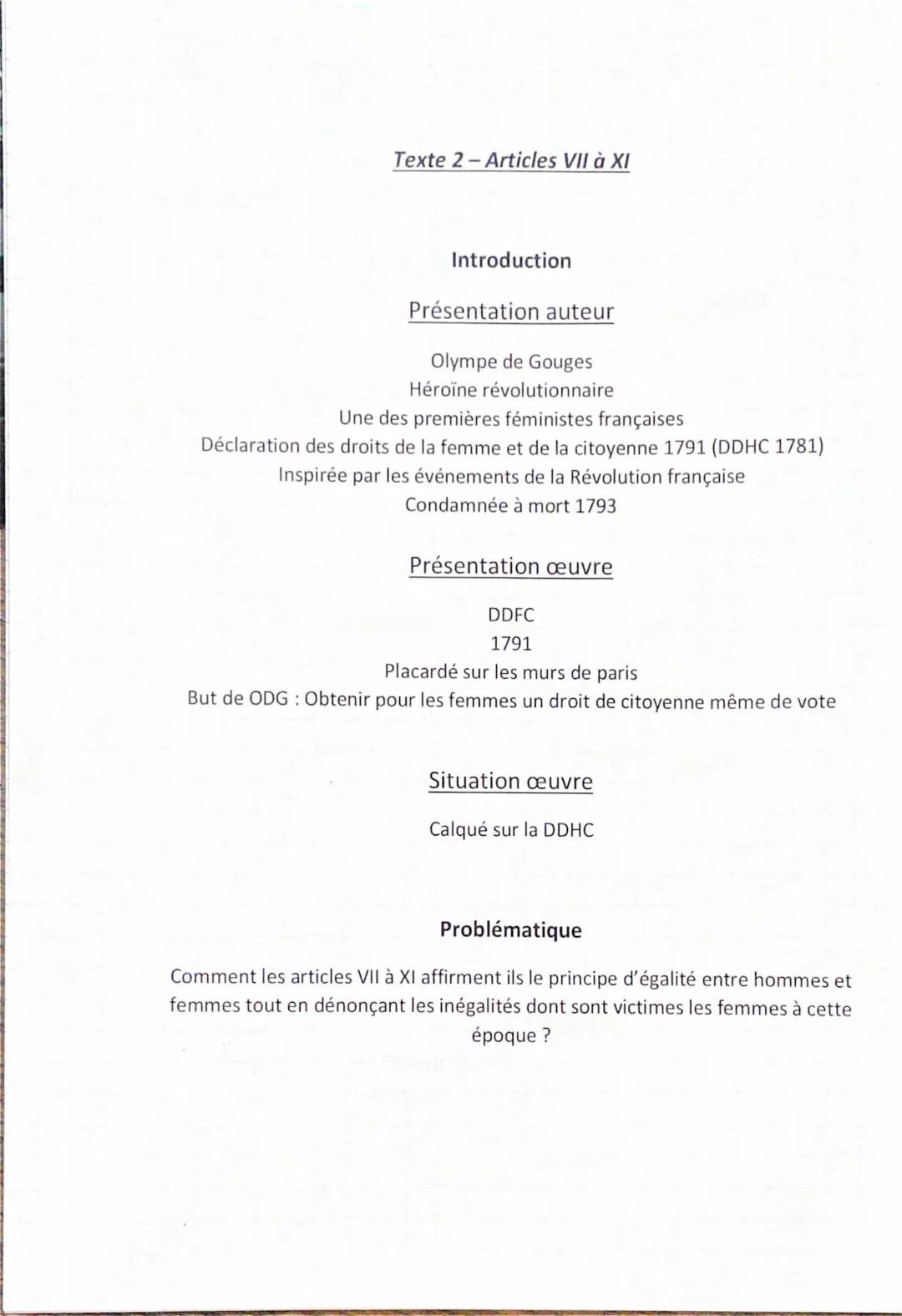 Fiche de lecture et résumé Déclaration des droits de la femme et de la citoyenne - Bac français