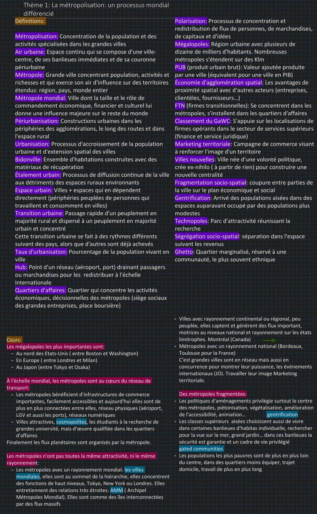 Thème 1: La métropolisation: un processus mondial
différencié
Définitions:
Métropolisation: Concentration de la population et des
activités 