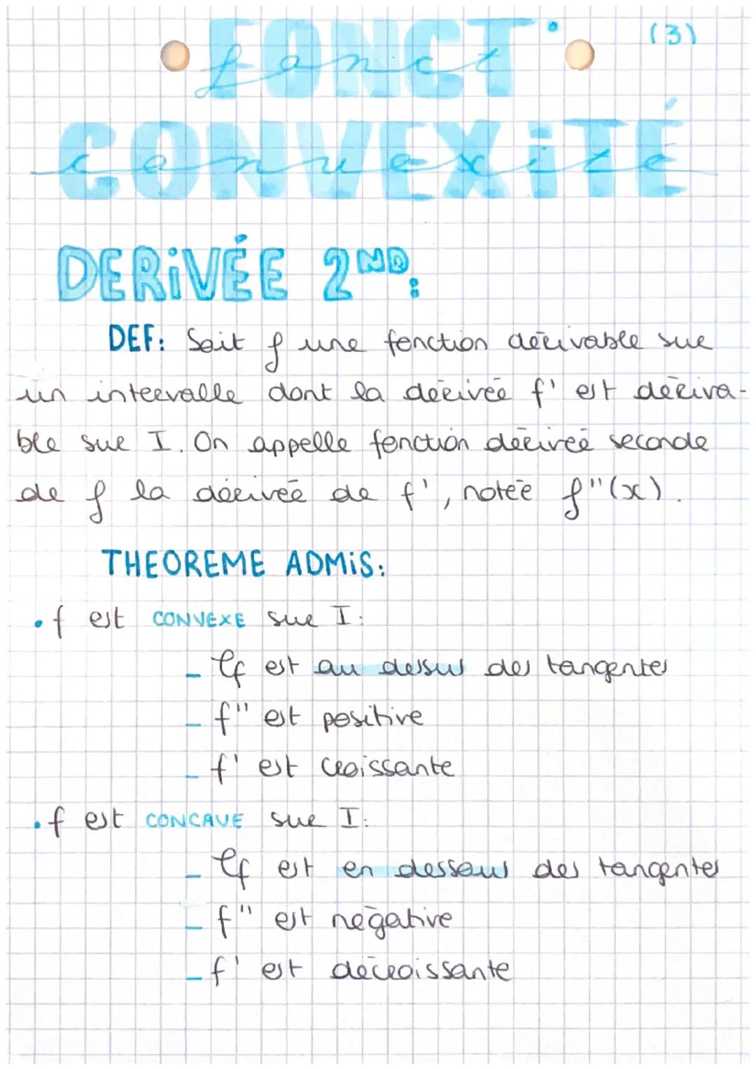 # fonct
# CONVEXITE

# DERIVÉE 2ND:

DEF: Seit $f$ une fenction derivable sue
un intervalle dont la dérivée $f'$ est deriva-
ble sue I. On a