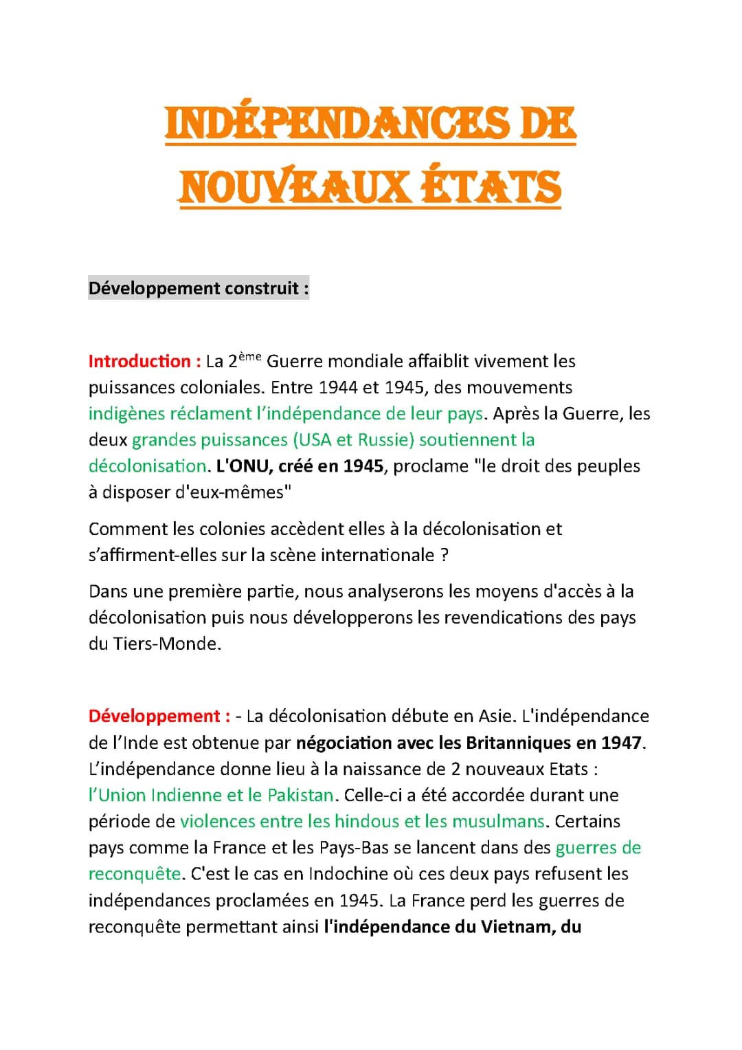Indépendances de nouveaux états - développement construit
