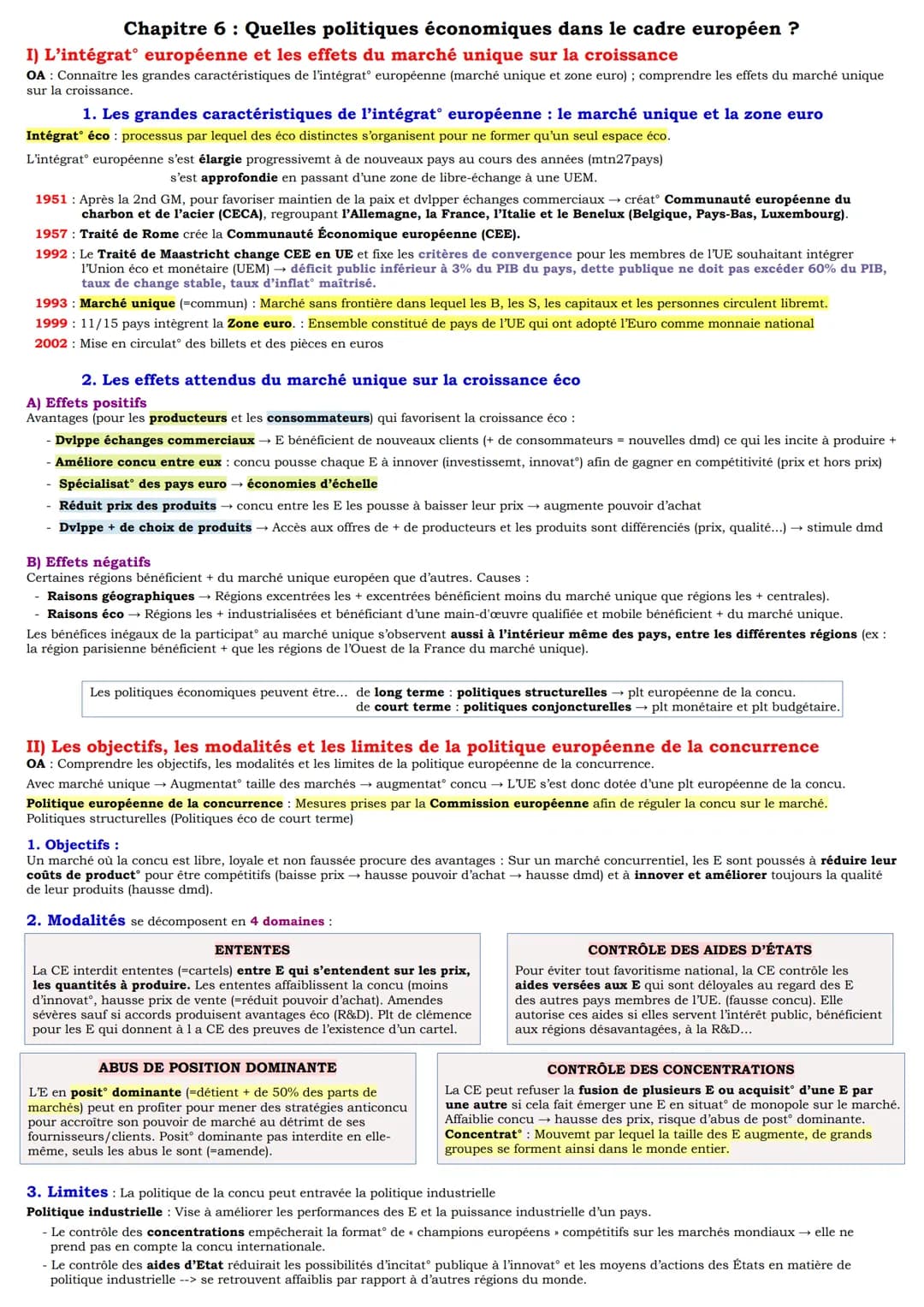 Chapitre 6: Quelles politiques économiques dans le cadre européen ?
I) L'intégrat° européenne et les effets du marché unique sur la croissan
