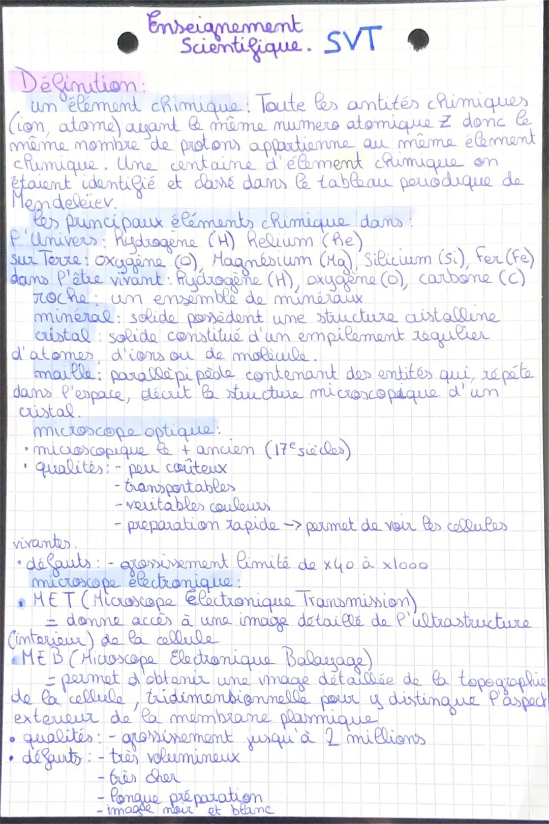 Enseignement
Scientifique. SVT

Définition:
un élément chimique : Toute les antités chimiques
(ion, atome) asant & même numero atomique z do