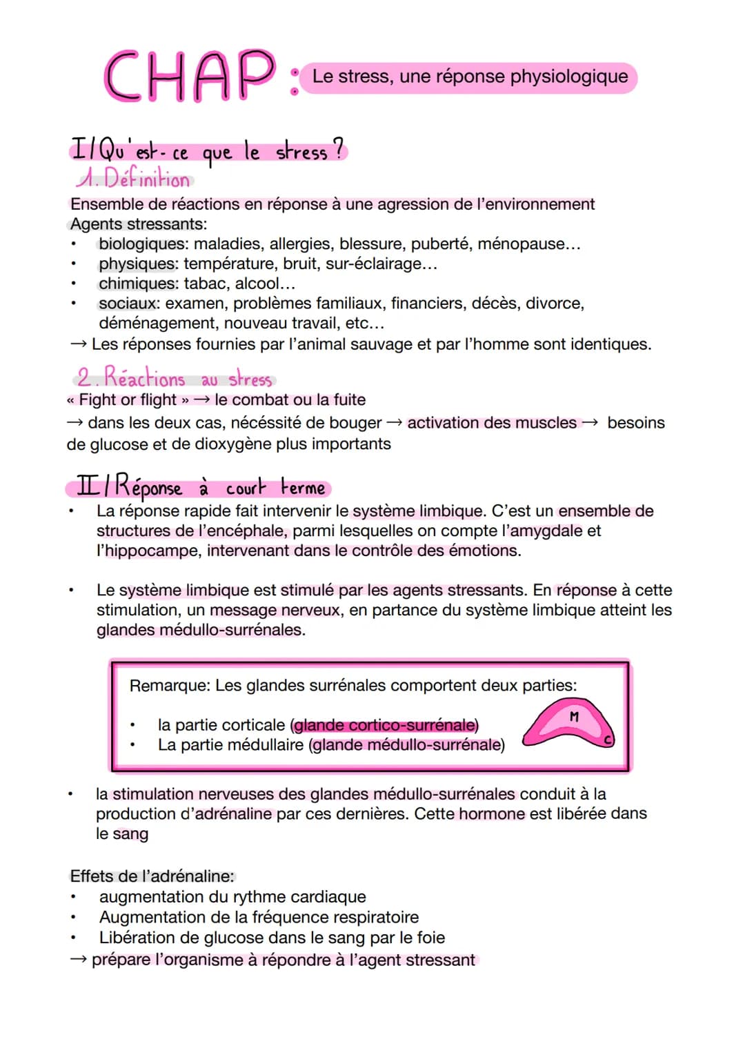 CHAP:
I/Qu'est-ce que le stress?
1. Définition
Ensemble de réactions en réponse à une agression de l'environnement
Agents stressants:
biolog