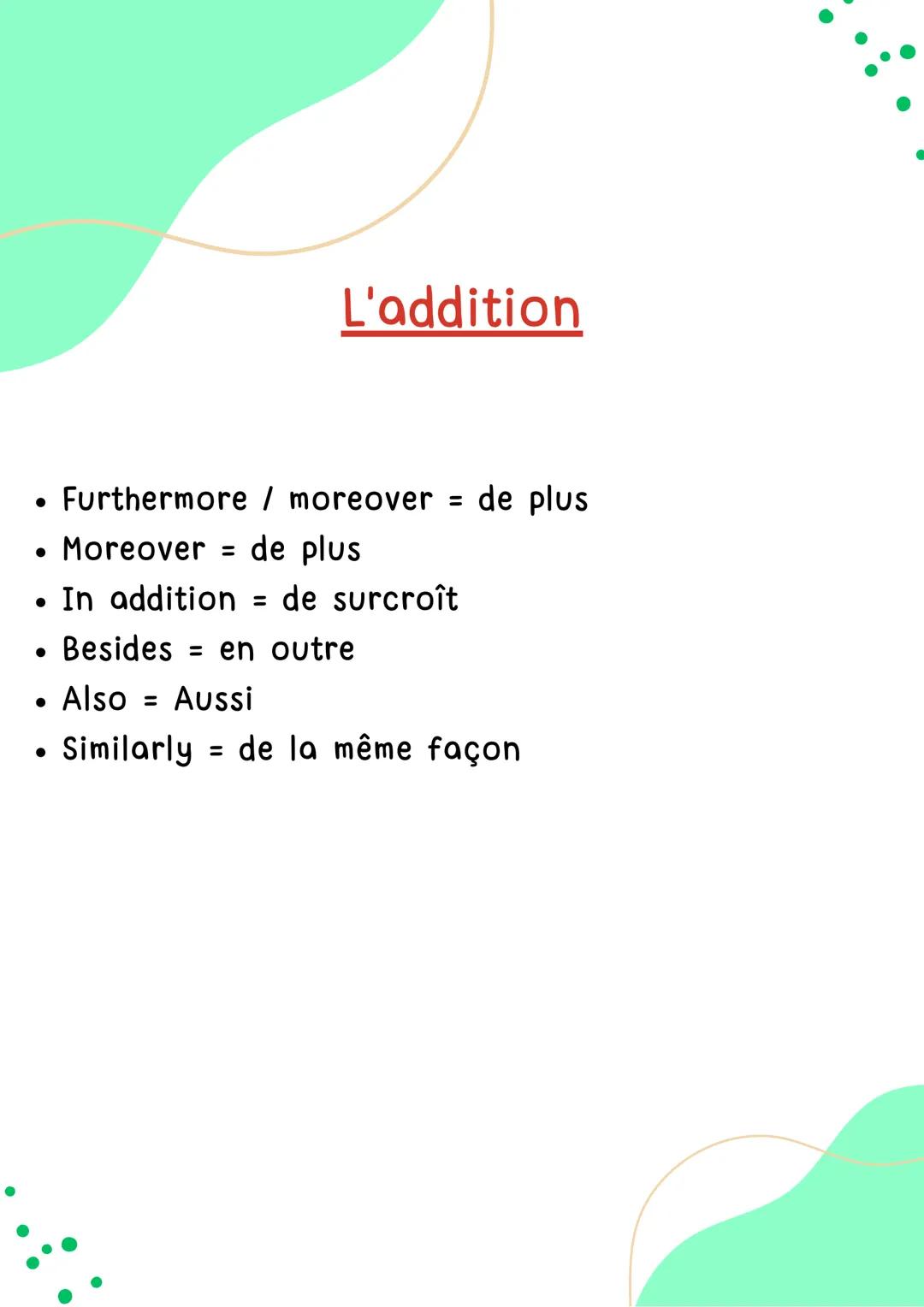 CONNECTEURS
LOGIQUES
Anglais
鸡 Because = parce que
• Because of / Due to / Owing to = en raison de
For = = car
●
• Since =
• As = comme
Than