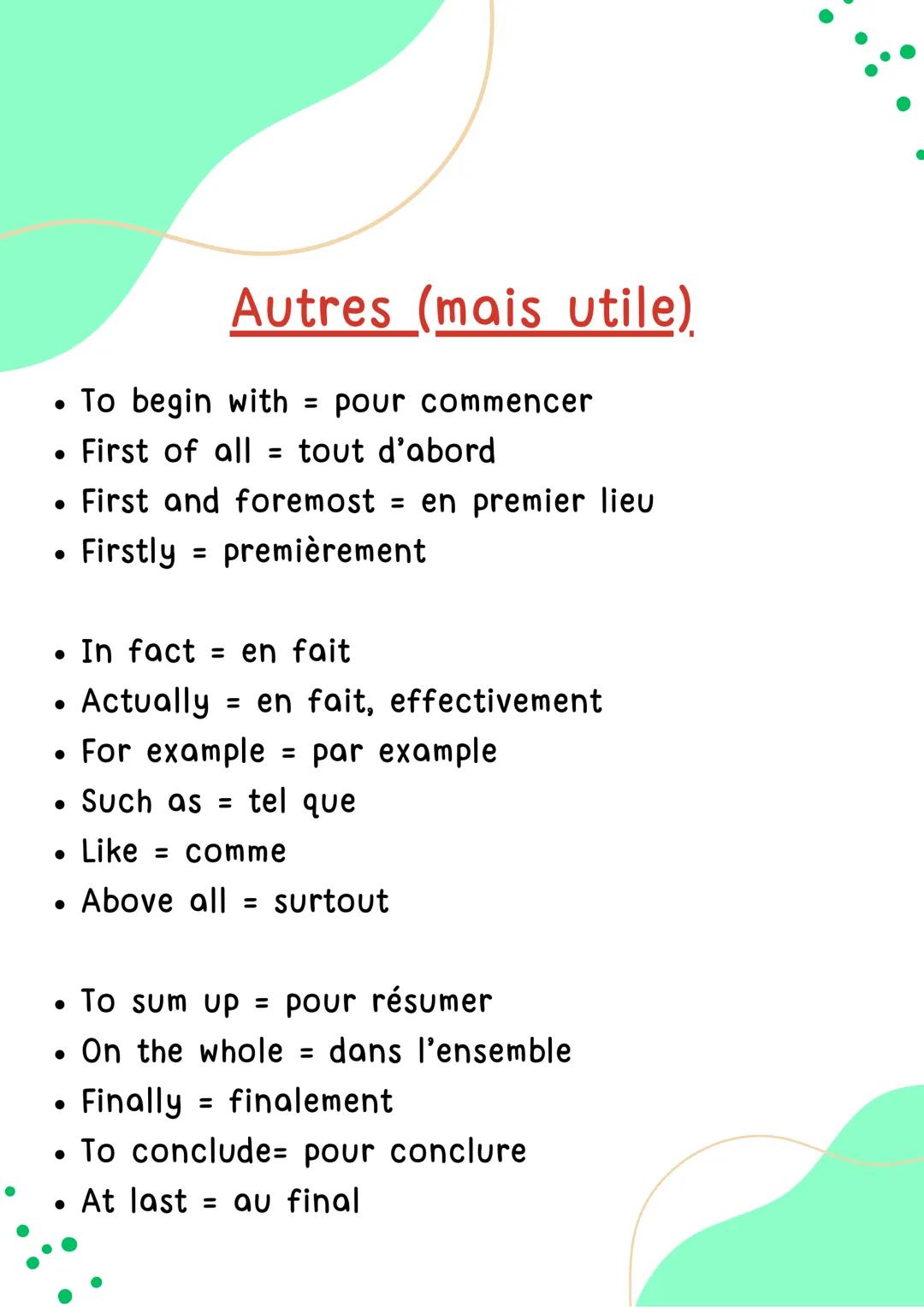 CONNECTEURS
LOGIQUES
Anglais
鸡 Because = parce que
• Because of / Due to / Owing to = en raison de
For = = car
●
• Since =
• As = comme
Than