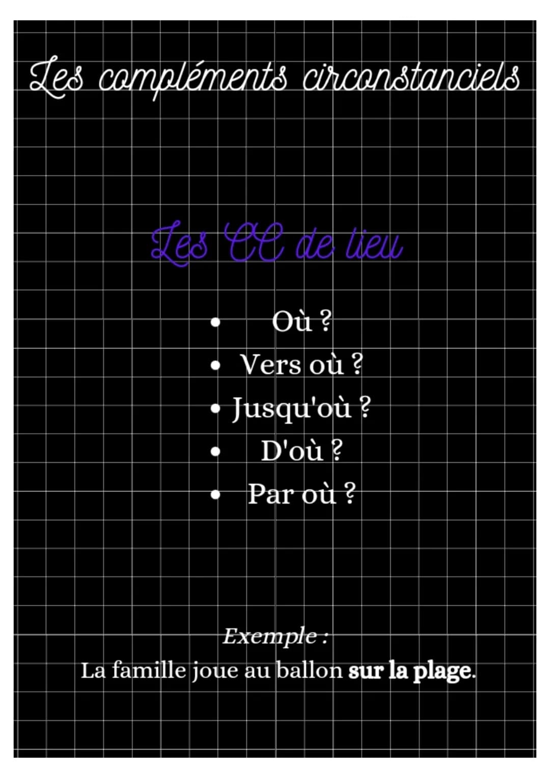 Les compléments
circonstanciels Les compléments circonstanciels
Les et de leu
Où ?
• Vers où ?
• Jusqu'où ?
D'où ?
Par où ?
Exemple:
La fami