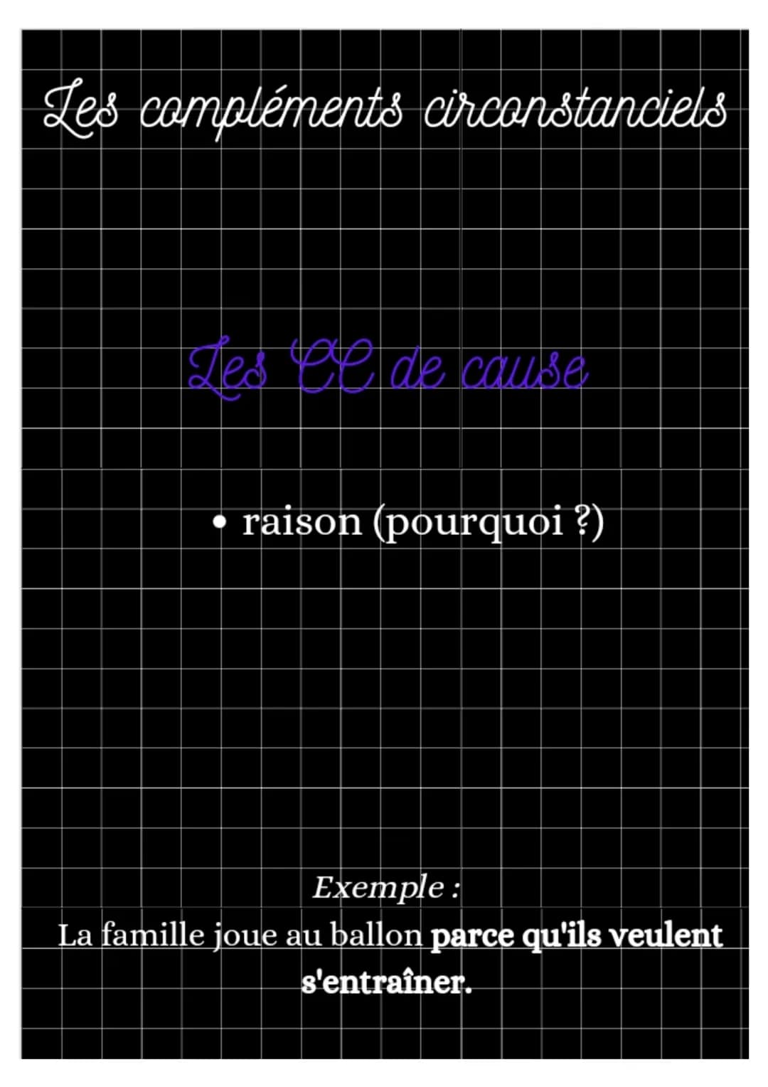 Les compléments
circonstanciels Les compléments circonstanciels
Les et de leu
Où ?
• Vers où ?
• Jusqu'où ?
D'où ?
Par où ?
Exemple:
La fami