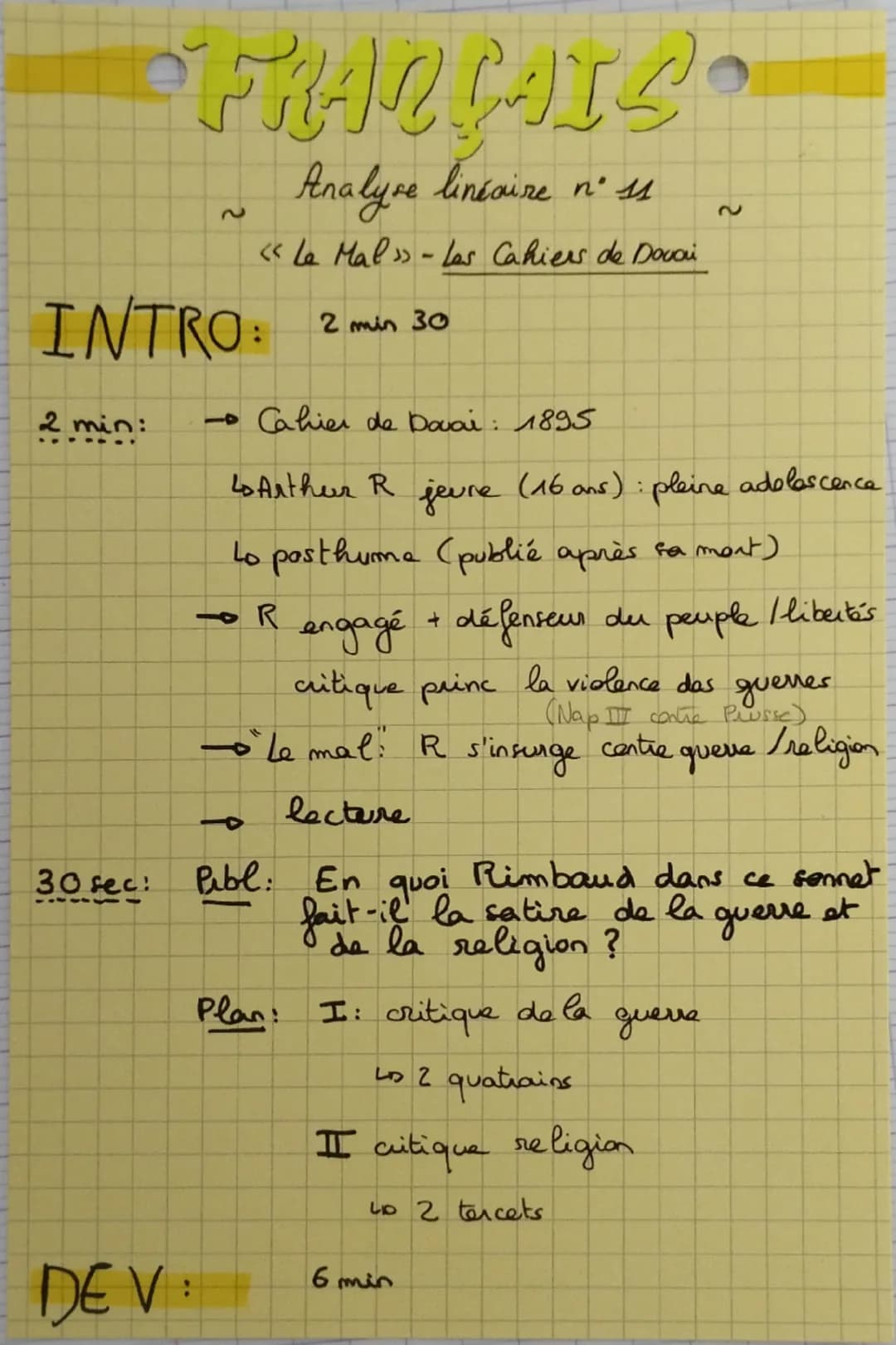 Objet d'étude n°3 : « Le mal» extrait des Cahiers de Douai d'Arthur
Rimbaud, 1919.
Tandis que les crachats rouges de la mitraille
Sifflent t