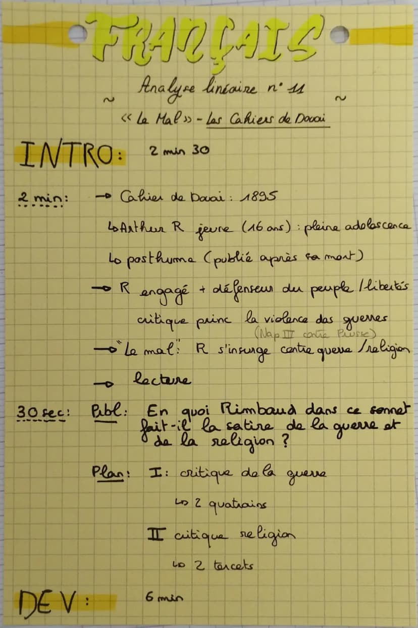 Objet d'étude n°3 : « Le mal» extrait des Cahiers de Douai d'Arthur
Rimbaud, 1919.
Tandis que les crachats rouges de la mitraille
Sifflent t