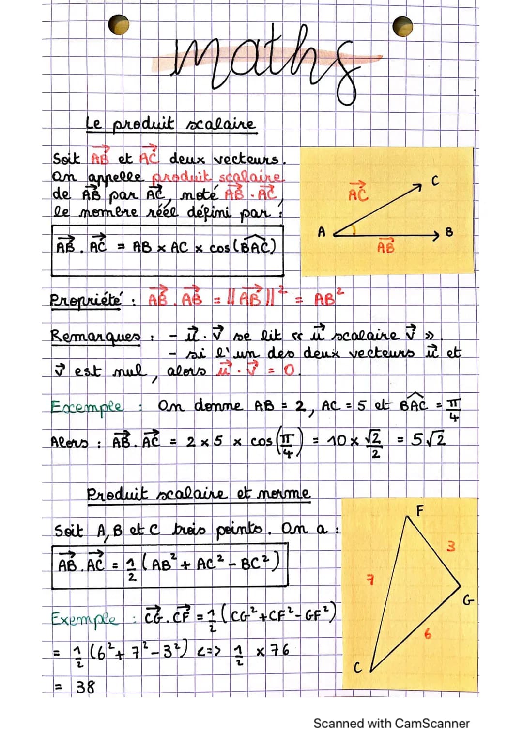 Le produit scalaire
Soit AB et AC deux vecteurs.
an appelle produit scolaire
de AB par AC noté AB. AC
le nombre réel défini par
AB. AC
Propr