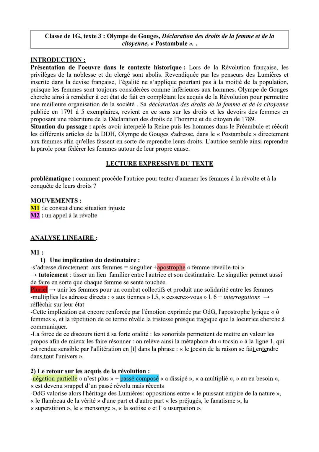 Classe de 1G, texte 3: Olympe de Gouges, Déclaration des droits de la femme et de la
citoyenne, « Postambule »>..
INTRODUCTION :
Présentatio