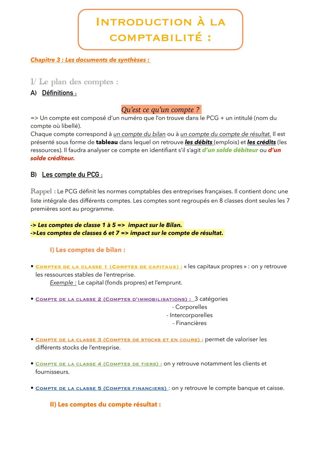 INTRODUCTION À LA
COMPTABILITÉ :
Chapitre 3 : Les documents de synthèses:
1/ Le plan des comptes :
A) Définitions :
Qu'est ce qu'un compte ?