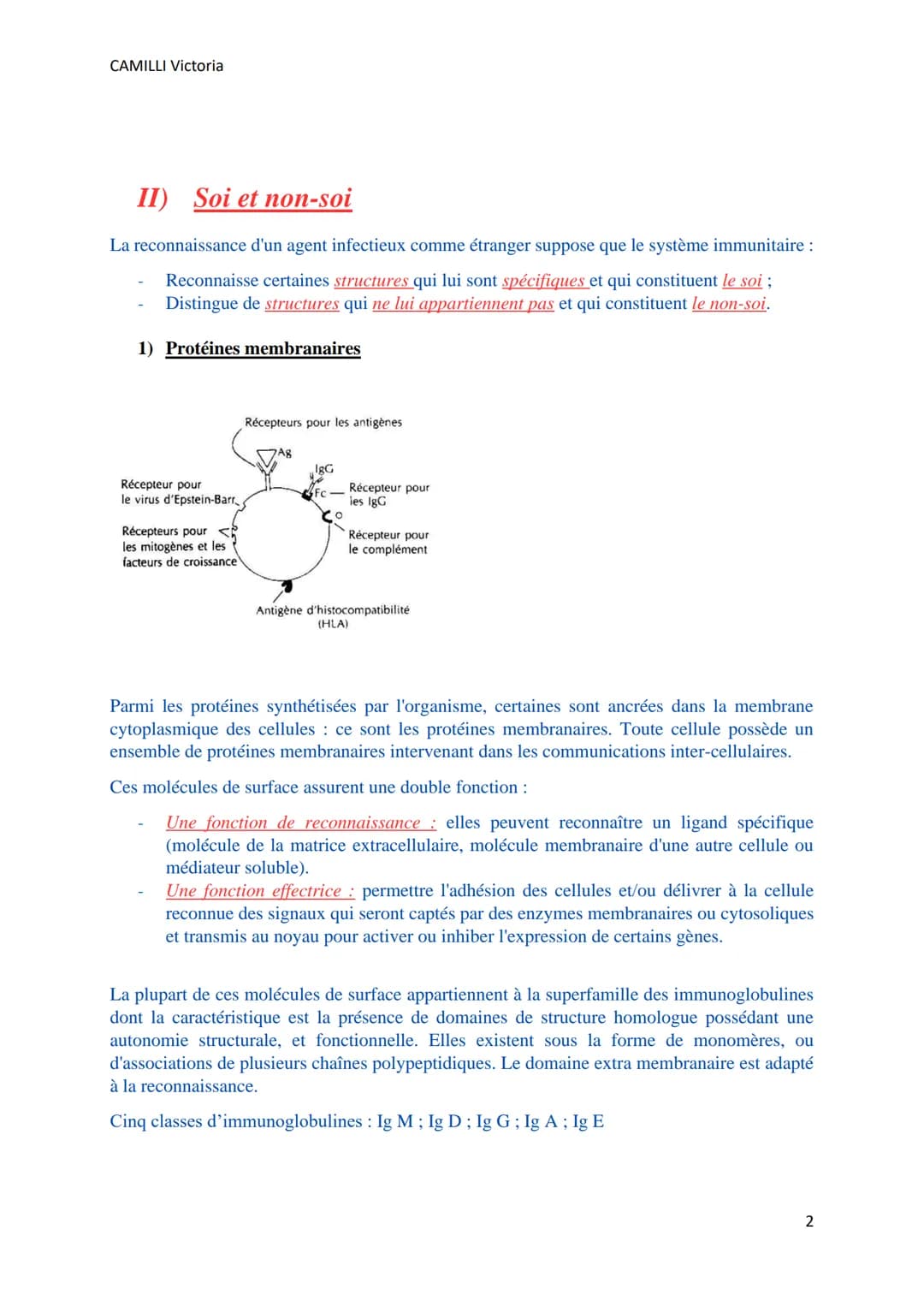 CAMILLI Victoria
SYSTEME IMMUNITAIRE :
SOI ET NON-SOI
Cellules, molécules, organes de l'immunité
I)
Définitions
L'immunité : ensemble des mé