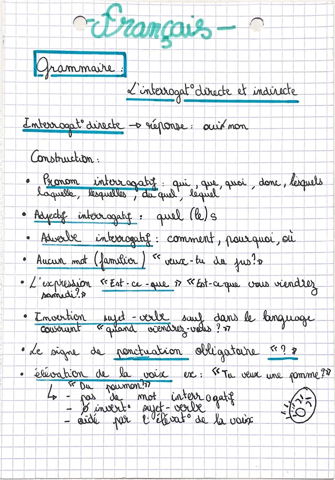 # Français-

Grammaire

L'interrogat directe et indirecte

Interrogat directe réponse: auix mon

Construction:

*   Pronom interrogatif: qui