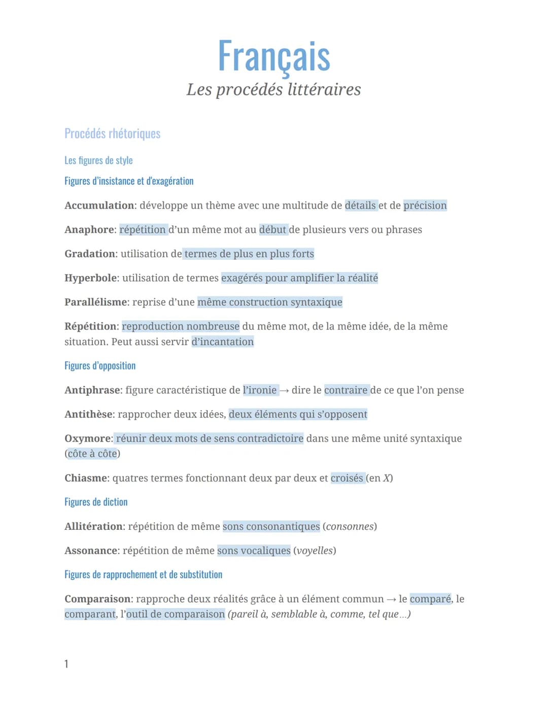 Français
Les procédés littéraires
Procédés rhétoriques
Les figures de style
Figures d'insistance et d'exagération
Accumulation: développe un
