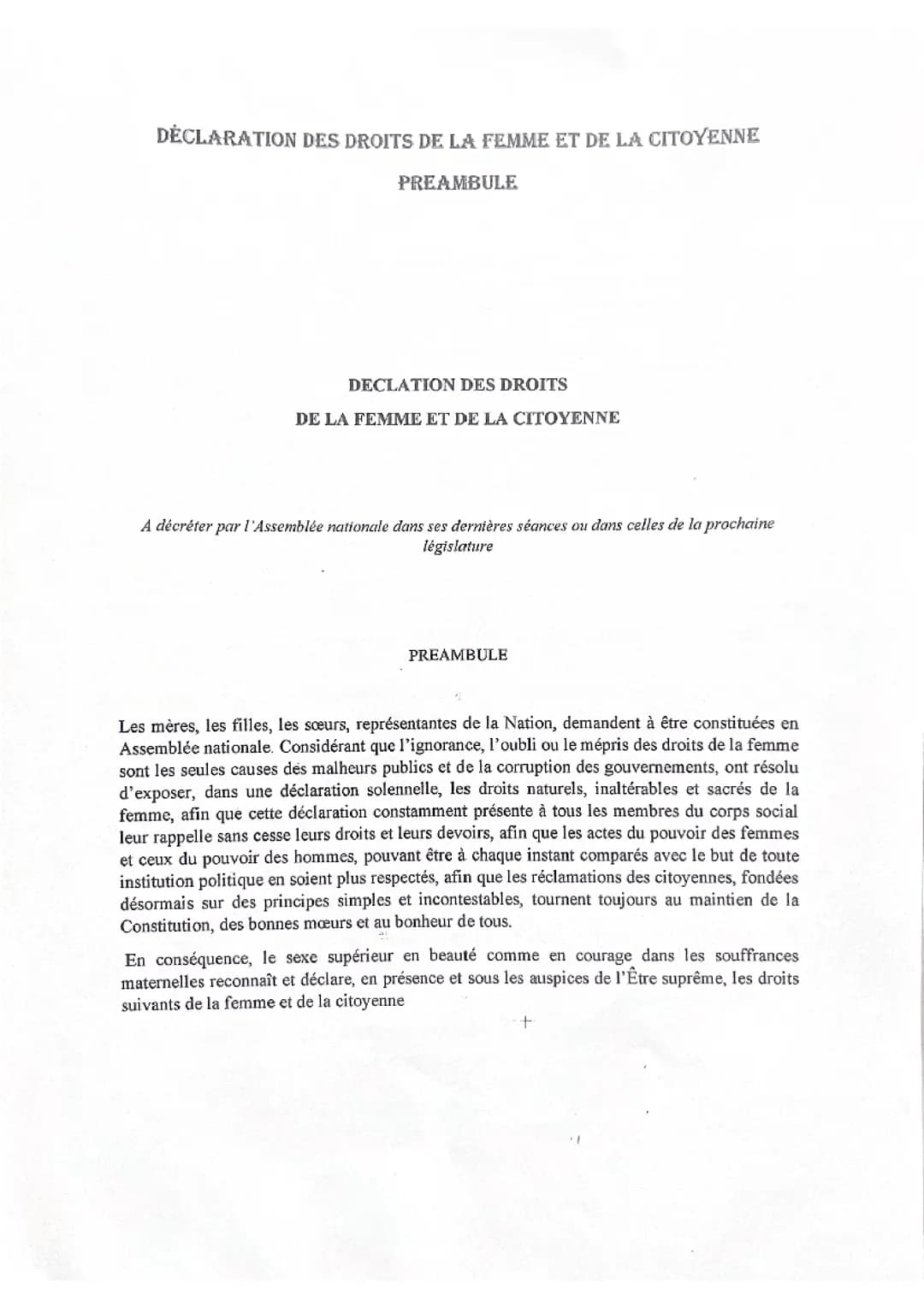 Analyse linéaire Préambule d’Olympe de Gouges 