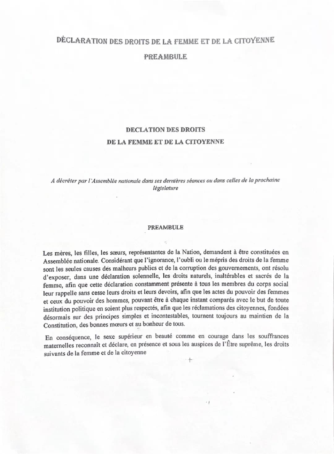 DÉCLARATION DES DROITS DE LA FEMME ET DE LA CITOYENNE
PREAMBULE
DECLATION DES DROITS
DE LA FEMME ET DE LA CITOYENNE
A décréter par l'Assembl