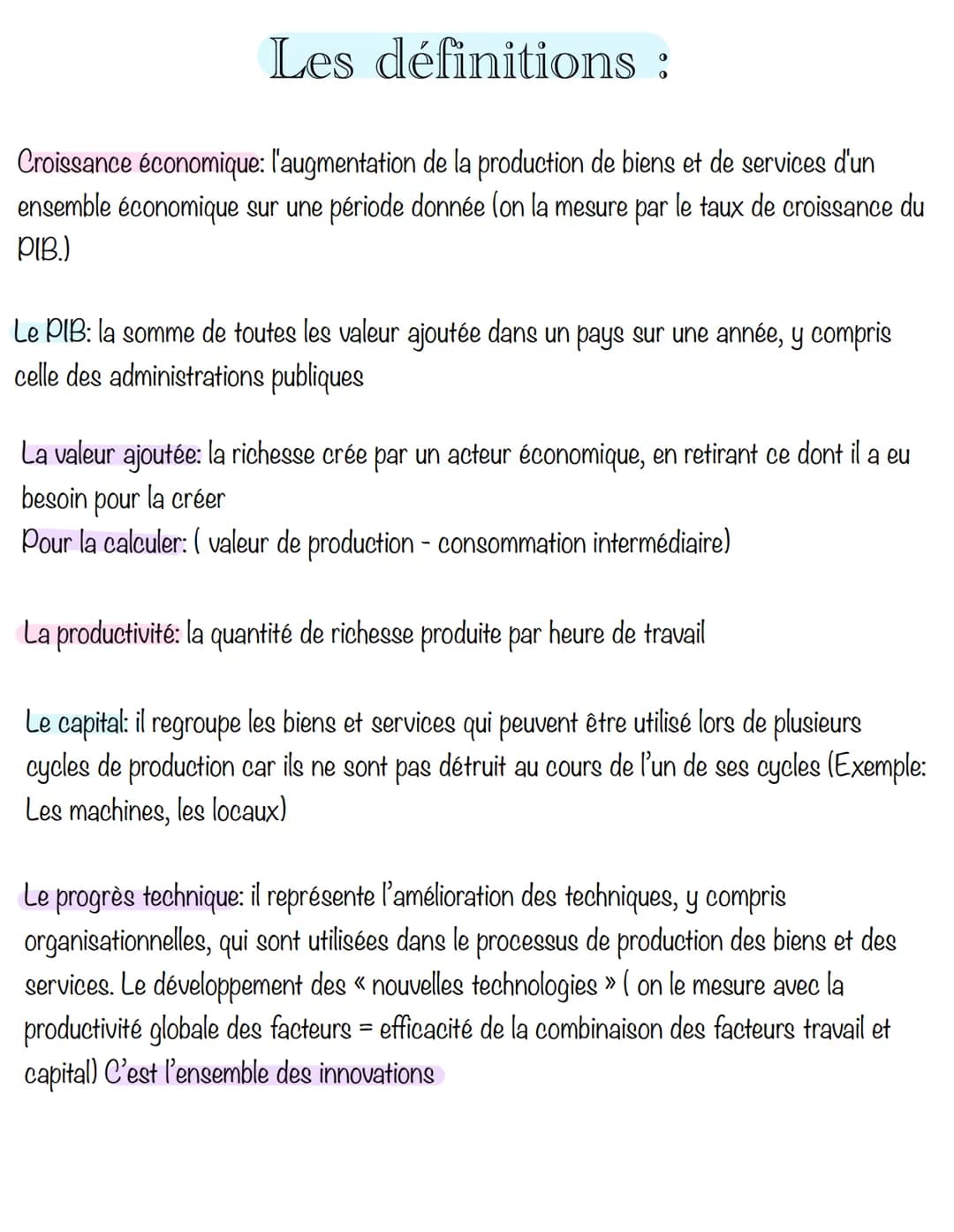 Chapitre 1: Quel sont les sources et défis
de la croissance économique Les définitions :
Croissance économique: l'augmentation de la product