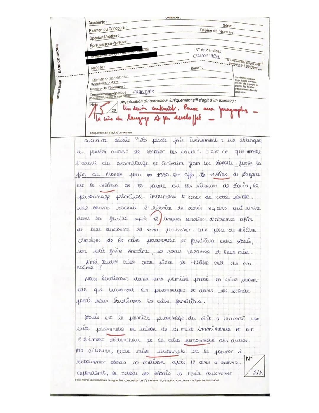 DANS CE CADRE
NE RIEN ÉGIRE
Académie
Examen ou Concours :
Spécialité/option
Épreuve/sous-épreuve
de
Né(e) le :
Examen ou concours
Spécialité
