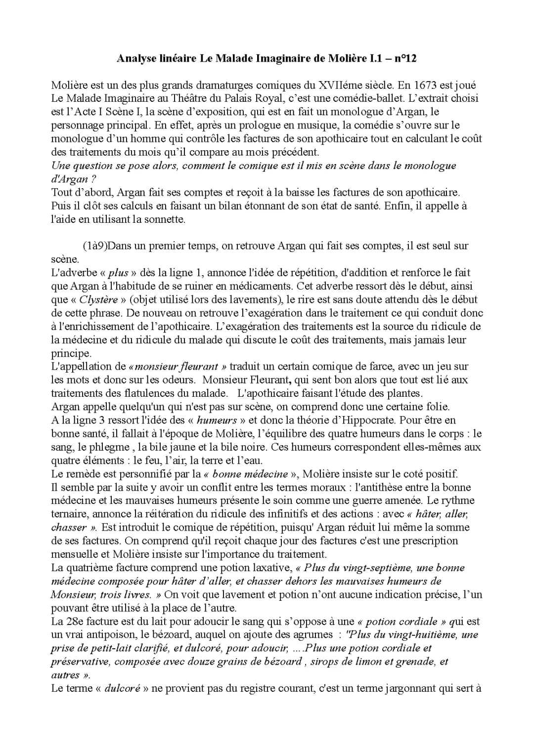 Le Malade Imaginaire Acte 1 Scène 1 Analyse Linéaire PDF - Molière