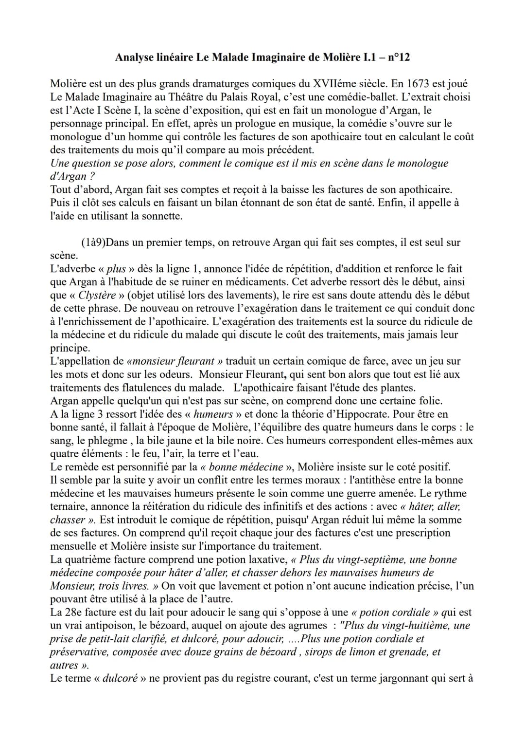 Analyse linéaire Le Malade Imaginaire de Molière I.1 - n°12
Molière est un des plus grands dramaturges comiques du XVIIème siècle. En 1673 e