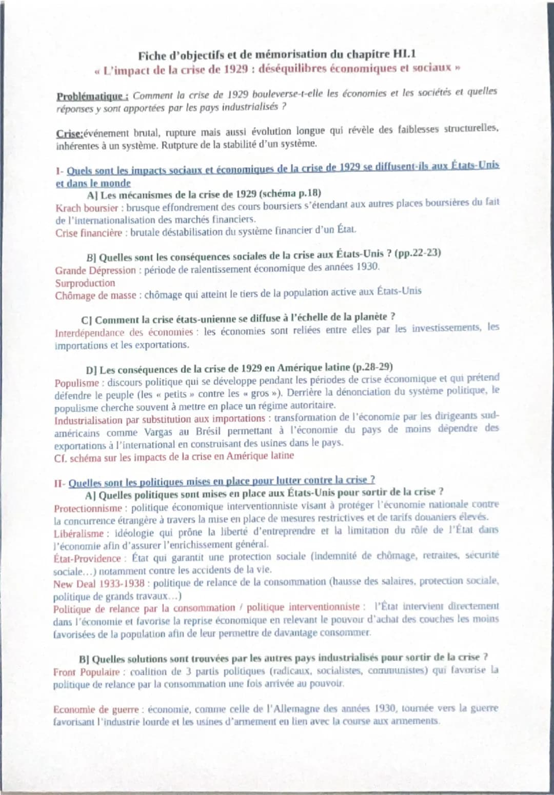 Fiche d'objectifs et de mémorisation du chapitre HI.1
« L'impact de la crise de 1929: déséquilibres économiques et sociaux »>
Problématique;