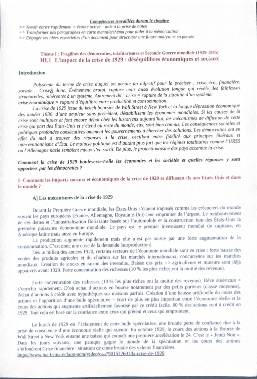 Fiche d'objectifs et de mémorisation du chapitre HI.1
« L'impact de la crise de 1929: déséquilibres économiques et sociaux »>
Problématique;