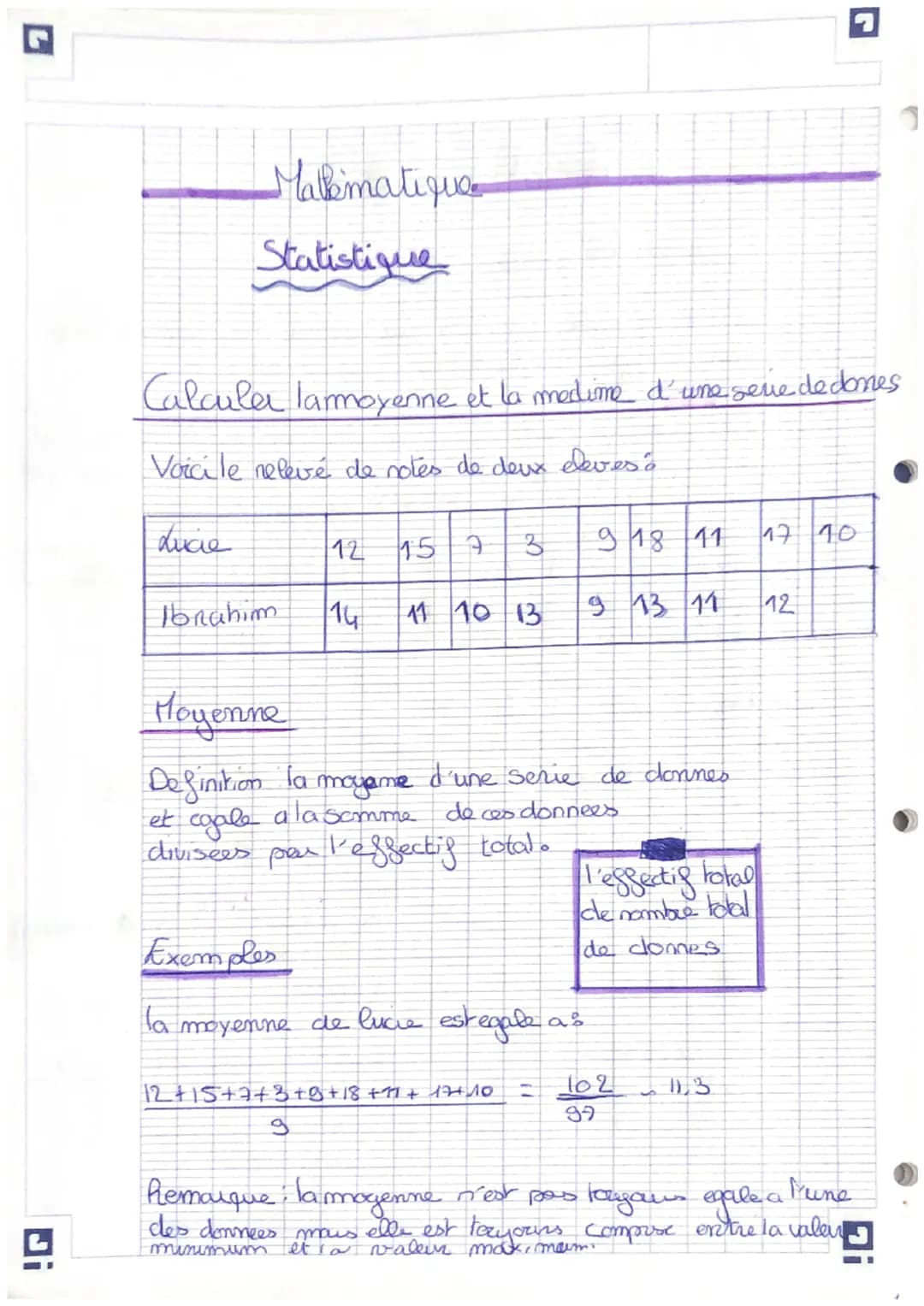 L
Mathematique
Statistique
Calculer lammoyenne et la medime d'une serie de dones
Voici le relevé de notes de deux eleves à
Lucie
Ibrahim
12
