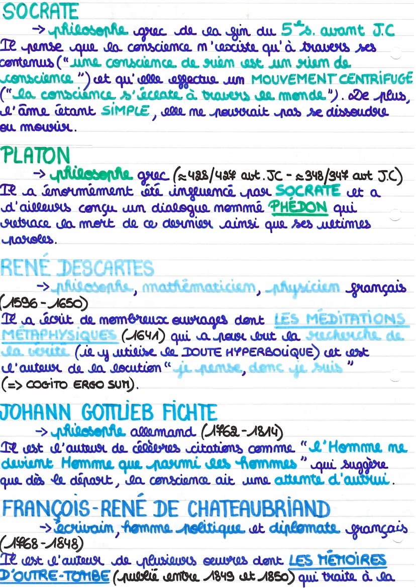 SOCRATE
→ philosophe grec de la fin du 5 s. avant J.C.
Il pense que la conscience m'ceociste qu'à travers ses
contenus ("uime conscience de 
