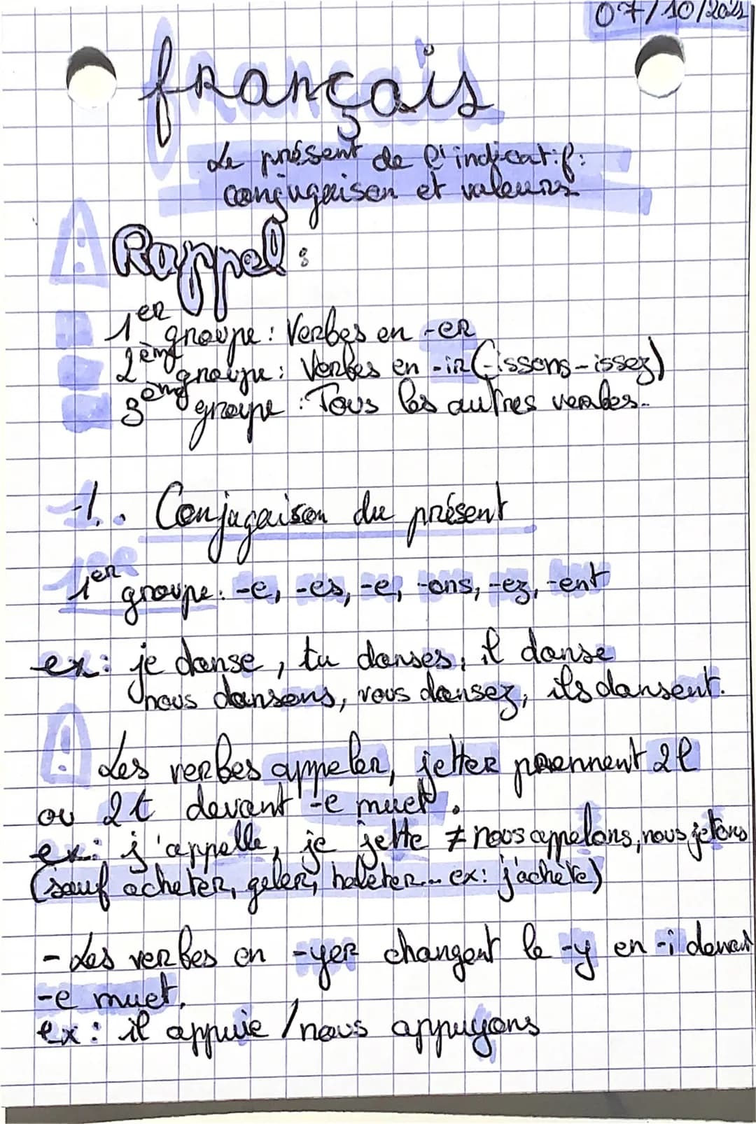 • français
Le présent de l'indicatif:
conjugaison et valeurs
8
A Rappel
лего
Jen noupe: Verbes
zony naupu:
однейре
07/10/2014
en -CR
Vorbes 