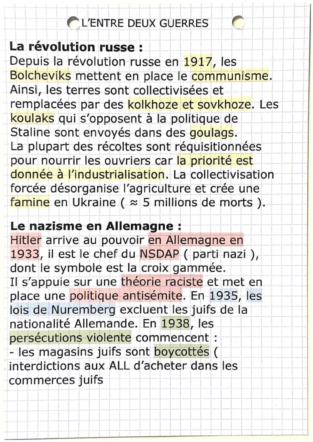 L'ENTRE DEUX GUERRES
La révolution russe :
Depuis la révolution russe en 1917, les
Bolcheviks mettent en place le communisme.
Ainsi, les ter