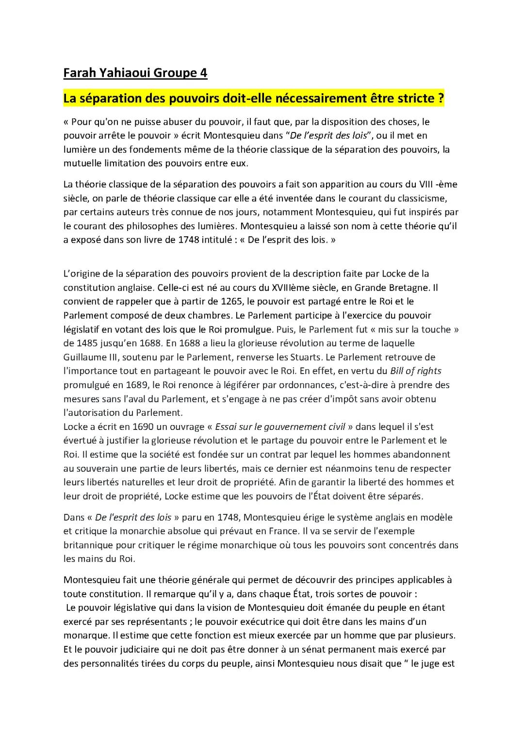 séparation des pouvoirs dissertation 