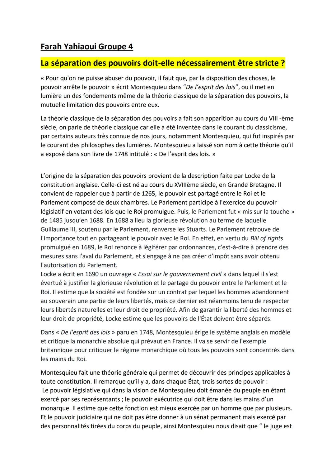 Farah Yahiaoui Groupe 4
La séparation des pouvoirs doit-elle nécessairement être stricte ?
<< Pour qu'on ne puisse abuser du pouvoir, il fau