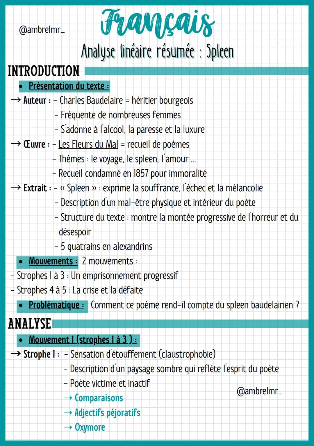 @ambrelmr_
INTRODUCTION
Français
Analyse linéaire résumée : Spleen
Présentation du texte :
→ Auteur : - Charles Baudelaire = héritier bourge