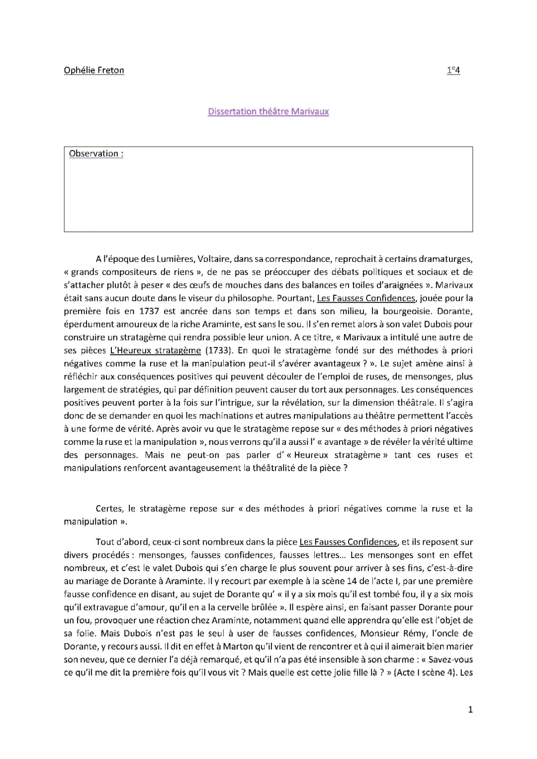 Dissertation Les Fausses Confidences Marivaux PDF - Corrigé et Plans