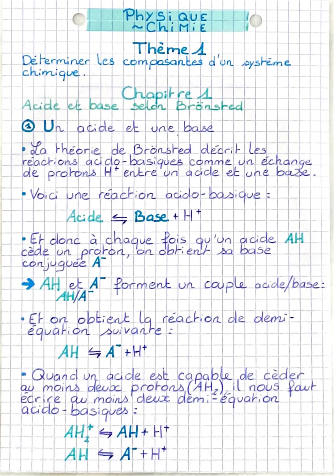 Physi QUE
~ChiMiE
Theme
Déterminer les composantes d'un système
chimique.
10
Chapirre 1
Acide et base selon Brönsted
Un acide et une base
La