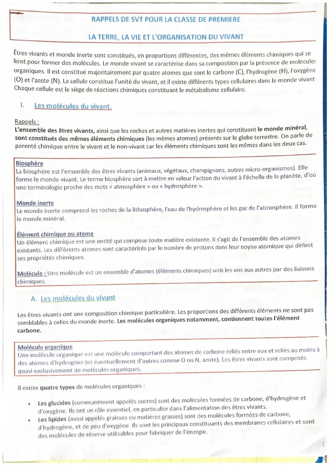 Rappel Svt organisation du vivant pour la 1ere