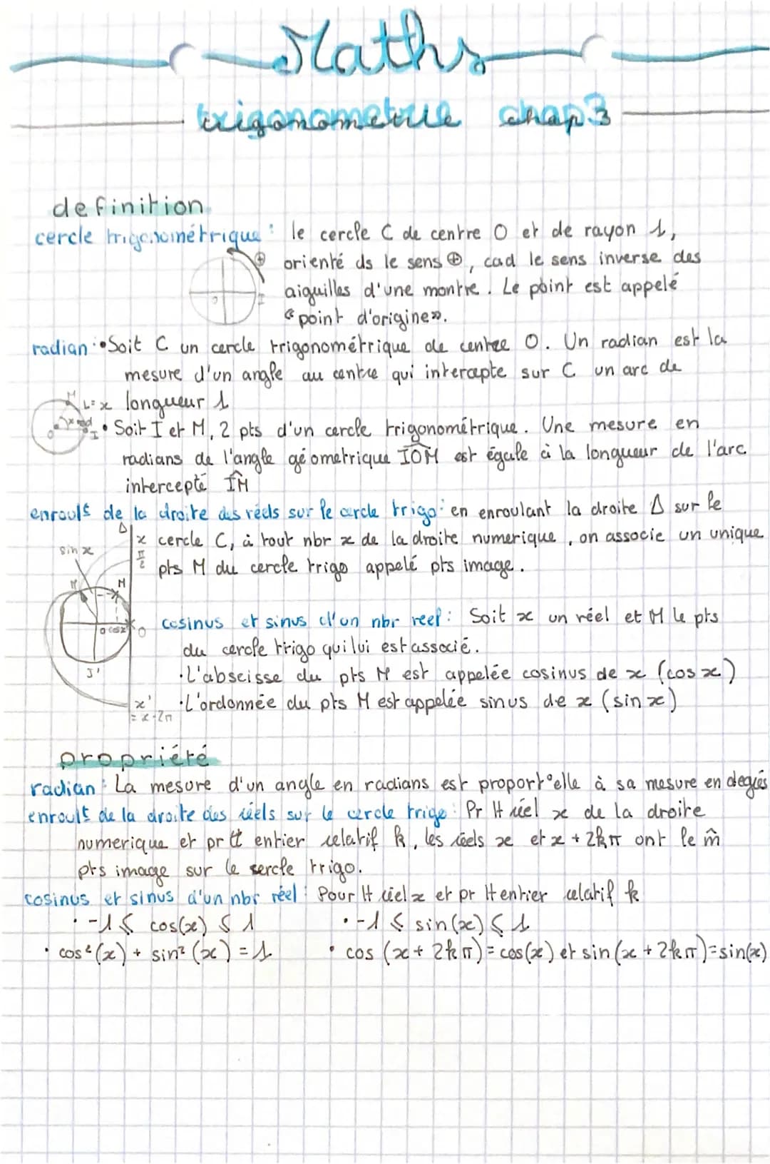 definition,
cercle trigonométrique
D
radian • Soit C un cercle trigonométrique de centre O. Un radian est la
mesure d'un angle au centre qui