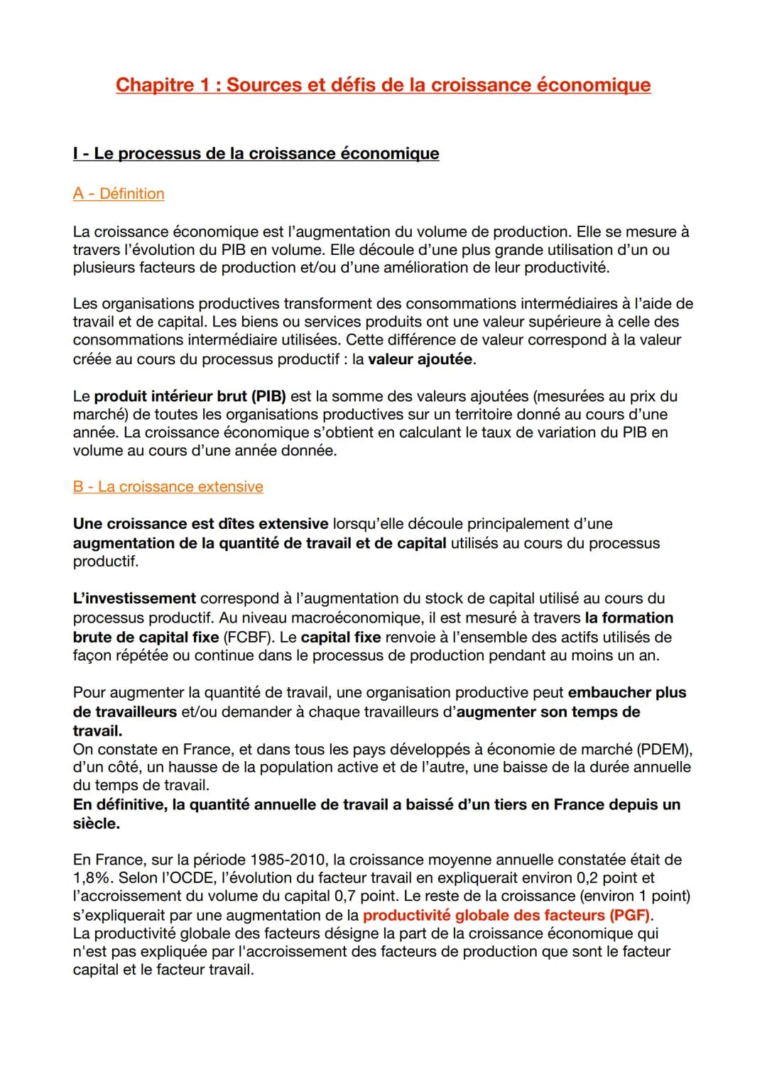 Chapitre 1: Sources et défis de la croissance économique
I - Le processus de la croissance économique
A - Définition
La croissance économiqu